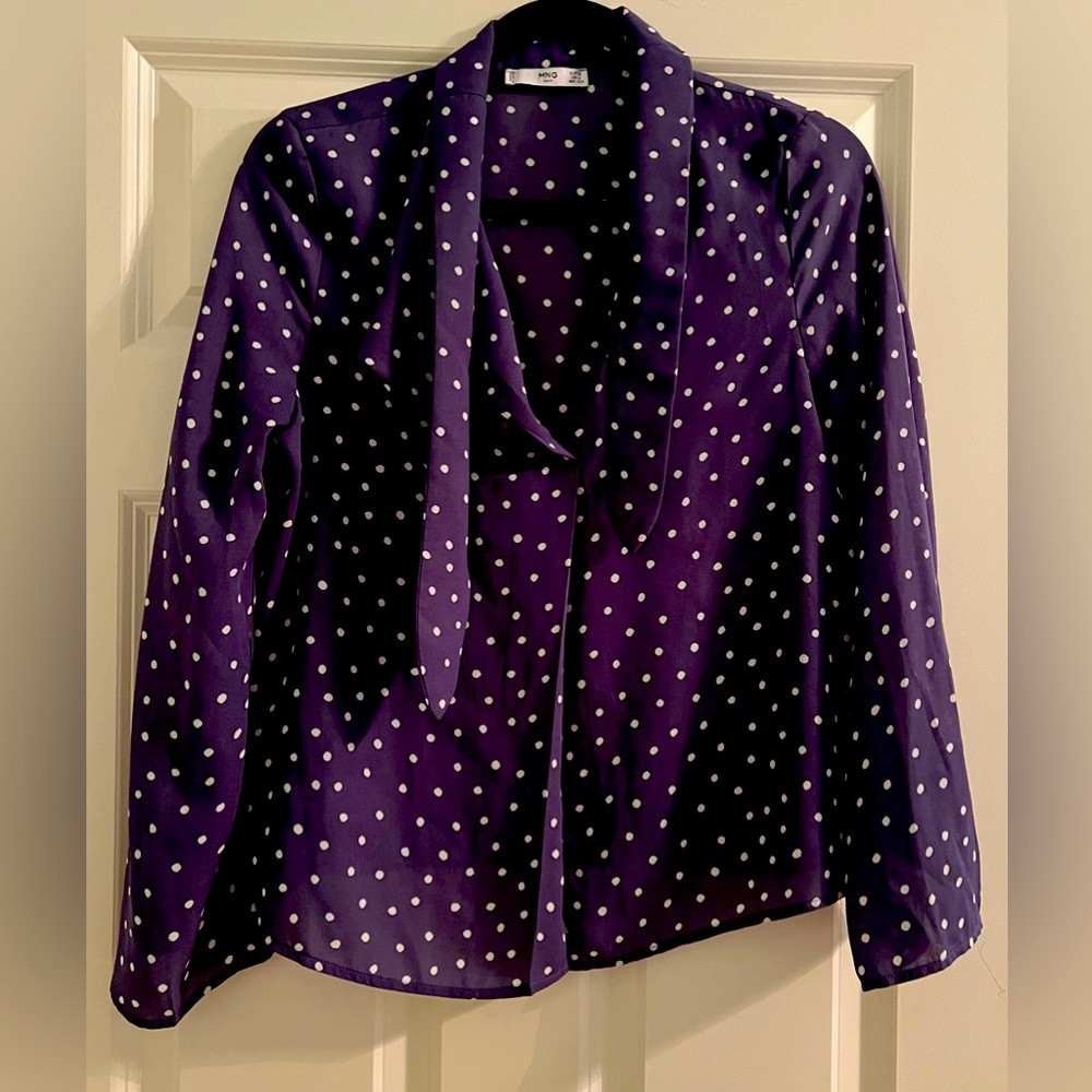 MNG (MANGO) Suit Collection Purple w/White Dots & Neck Ties Blouse,2,LS,PRISTINE